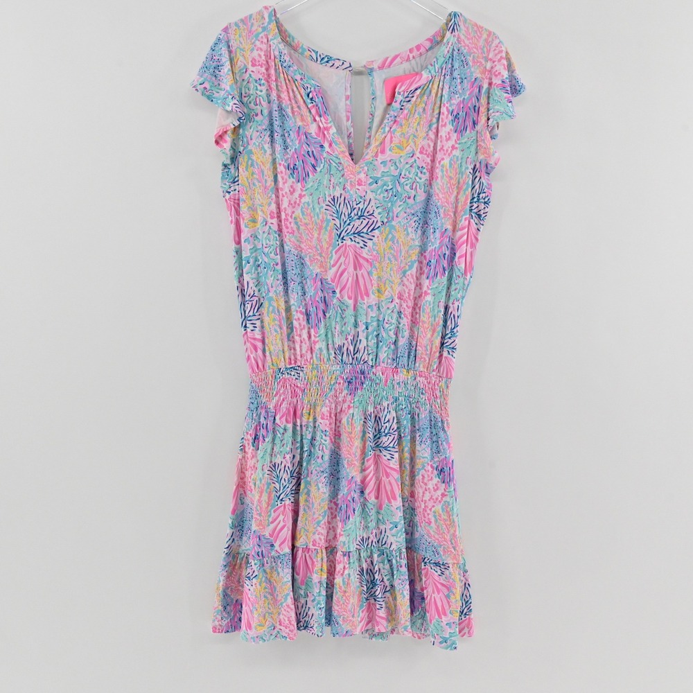 Lilly Pulitzer Ravi Romper Womens Size L Pink Blue Splash Dance Smocked Ruffle